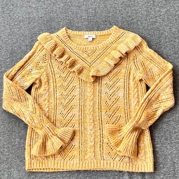 Kensie Heathered Open Knit Ruffle Sweater Sz M Retro Mustard Shabby Chic Cottage - Picture 1 of 12